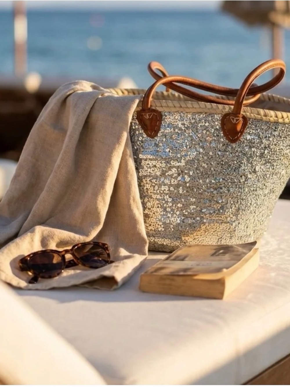 Silver Sequined French Market Basket Tote - Picture 7 of 8